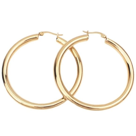 NEW 18K Yellow Gold Round 2'' Tube Hoop Earrings - Picture 9 of 9